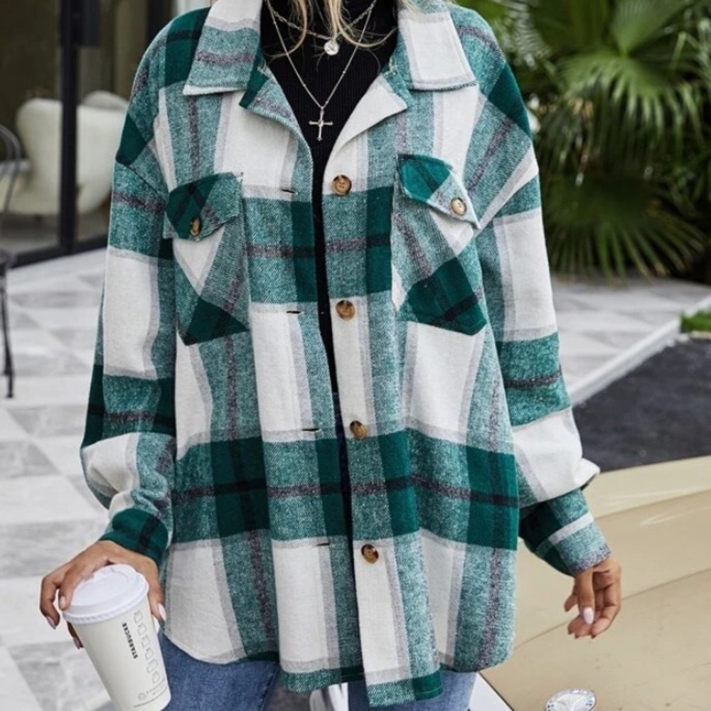 New green plaid  flannel jacket or top